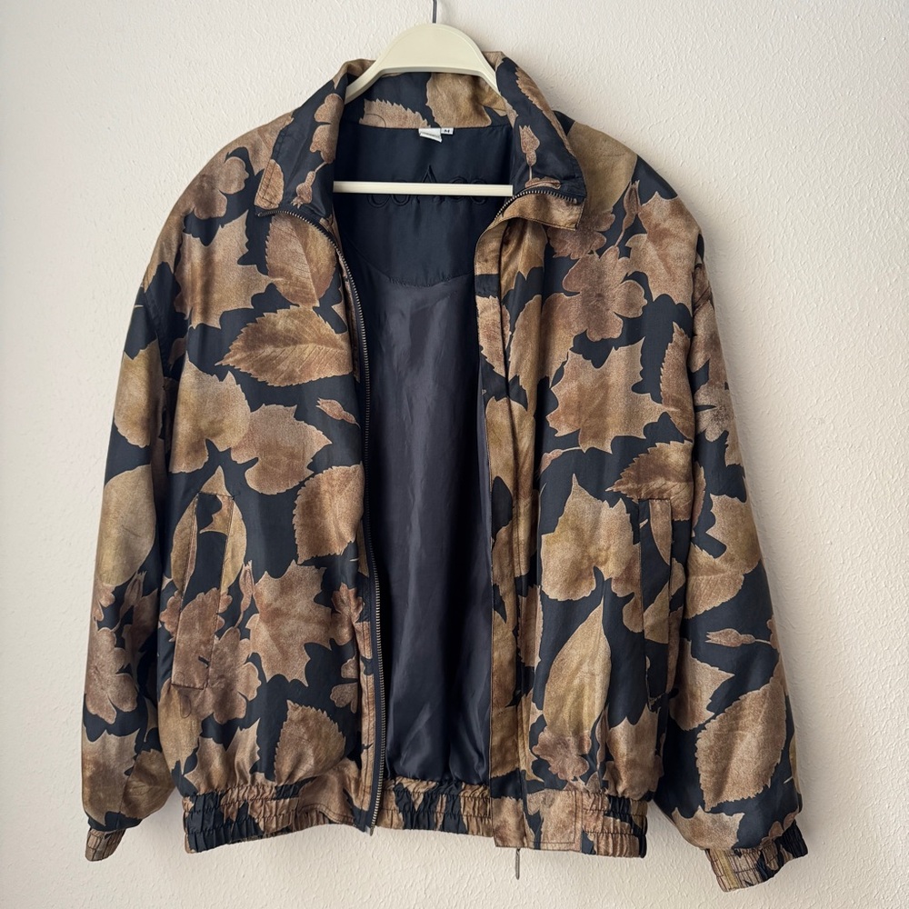 Silk Jacket COACO Unisex Adult M Black Brown Leaves Bomber Full Zip Vintage